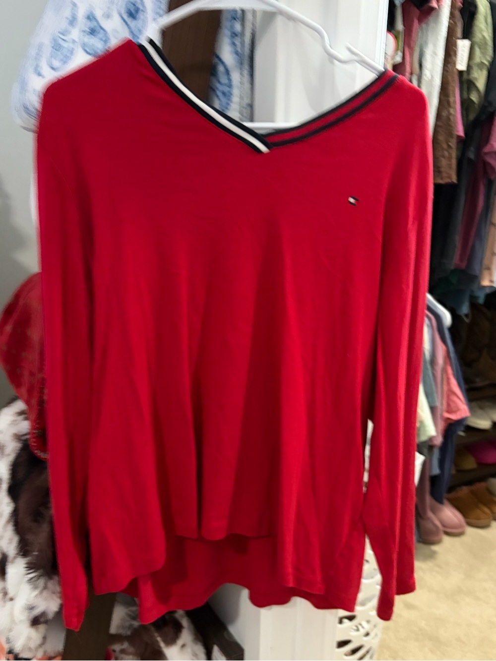 Tommy Hilfiger women’s  Red Crewneck Sweater with Navy & White Trim